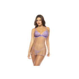 Babydoll couleur lavande et chair Verona, en dentelle et résille transparente 